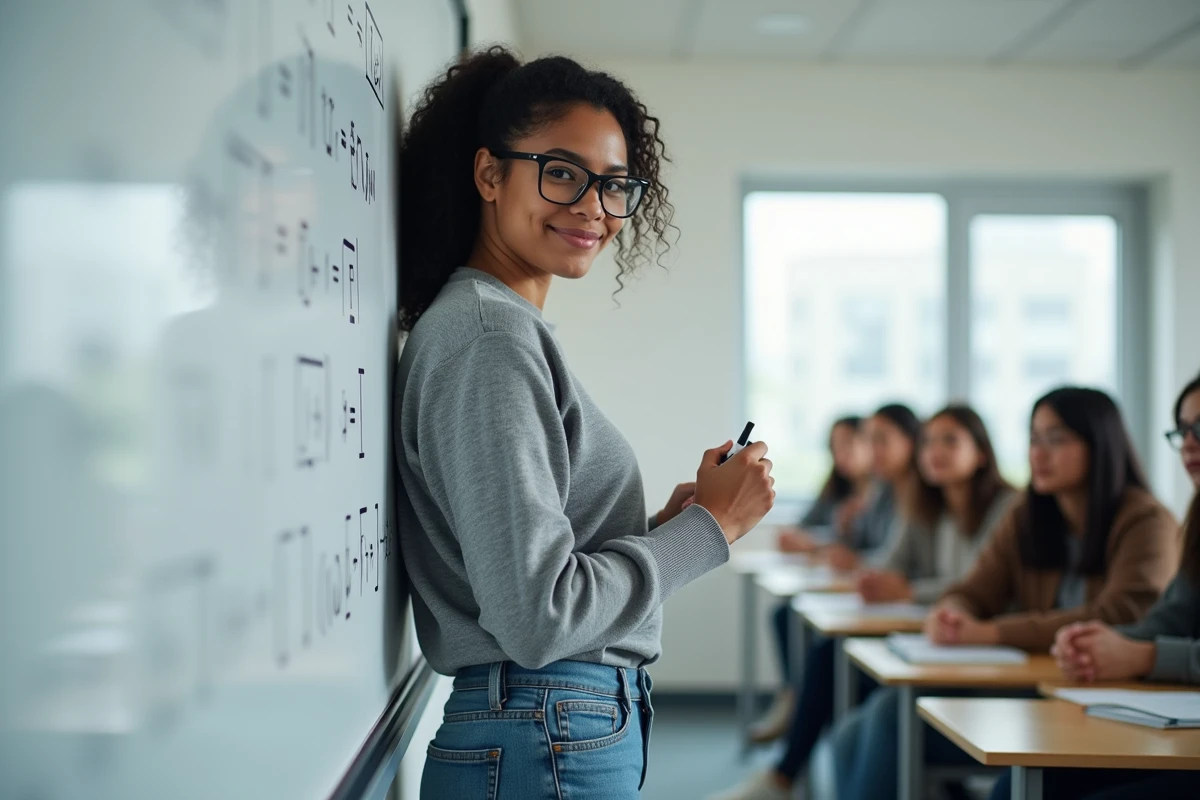 Etudiante écrivant équations électriques au tableau en classe