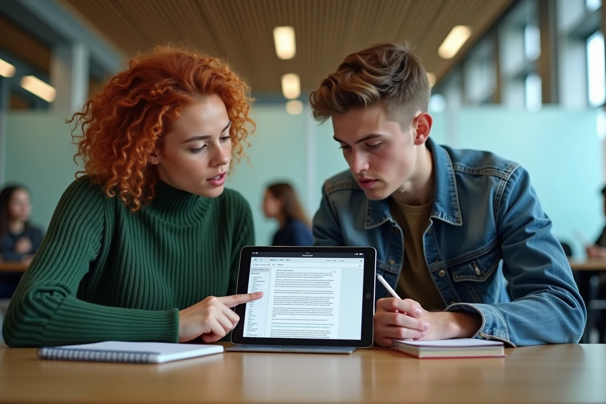 Deux étudiants universitaires analysant ensemble la fiabilité d'un article d'encyclopédie collaborative sur une tablette dans une salle d'étude moderne