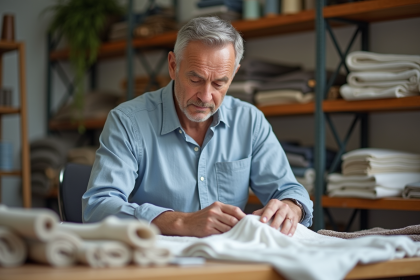 Expert textile homme examine tissu dans atelier lumineux