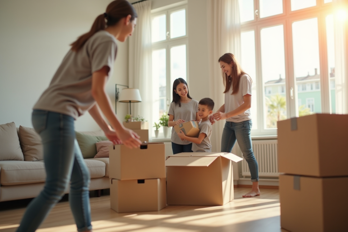 Famille heureuse avec cartons en mouvement dans un salon lumineux