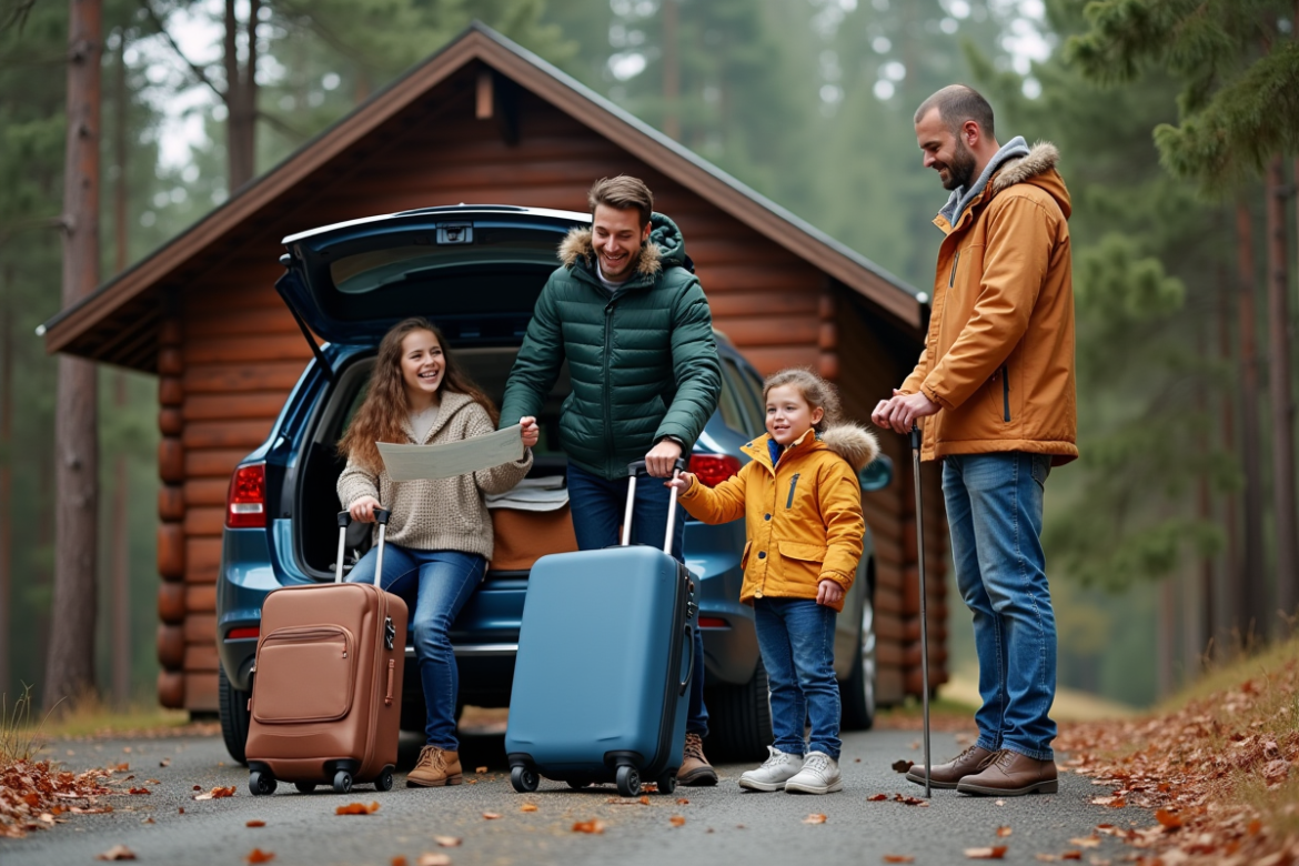 Famille de quatre devant une cabane en forêt automnale
