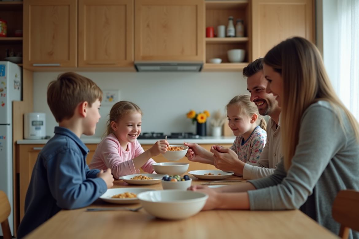 Famille au petit déjeuner dans une cuisine moderne