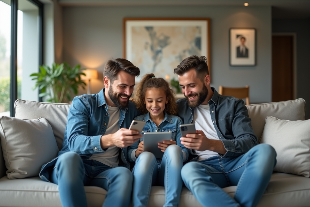 Famille moderne assise sur un canapé dans un salon contemporain