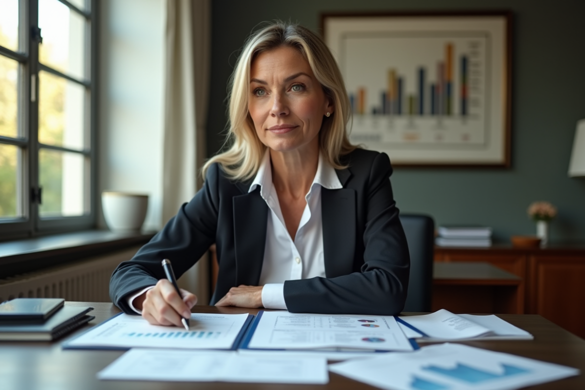 Femme d'affaires française confiante dans un bureau lumineux