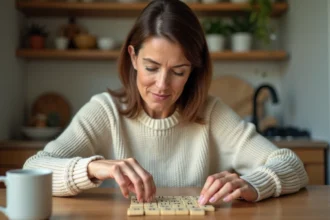 Femme concentrée jouant au Scrabble et formant des anagrammes avec des lettres en bois sur une table de cuisine en bois