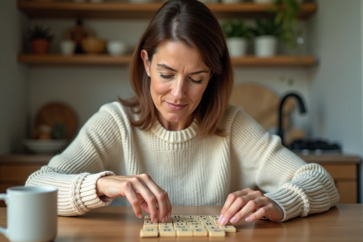 Femme concentrée jouant au Scrabble et formant des anagrammes avec des lettres en bois sur une table de cuisine en bois