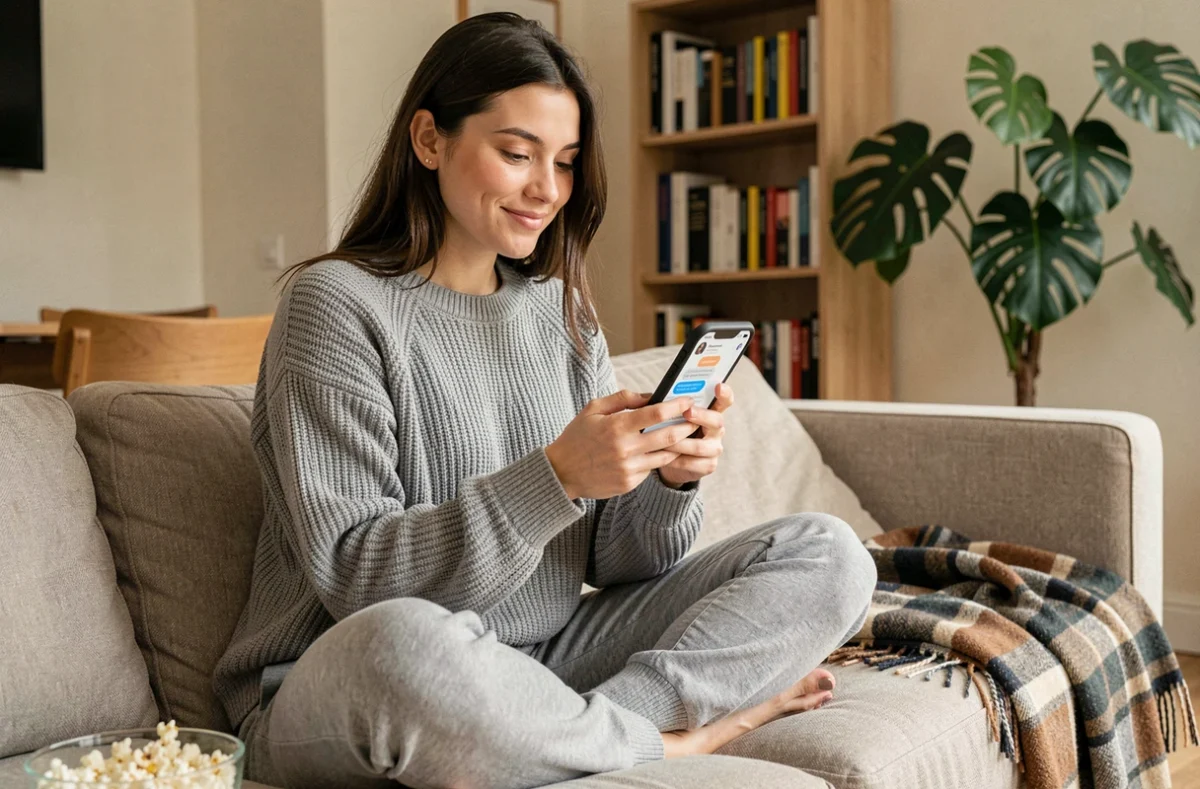 Jeune femme dans son appartement consultant son téléphone avec des abréviations de soirée dans une conversation de groupe