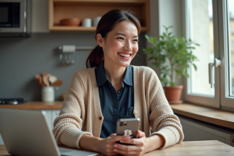 Femme souriante utilisant son smartphone avec portefeuille bitcoin