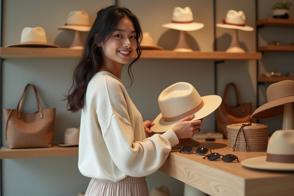 Jeune femme choisissant un chapeau en boutique