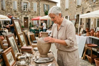 Femme examinant une poterie ancienne sur un stand de brocante en Aveyron dans un village médiéval