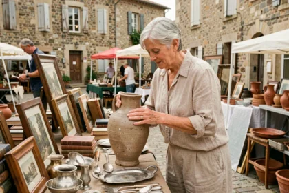 Femme examinant une poterie ancienne sur un stand de brocante en Aveyron dans un village médiéval