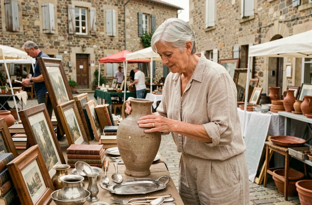 Femme examinant une poterie ancienne sur un stand de brocante en Aveyron dans un village médiéval