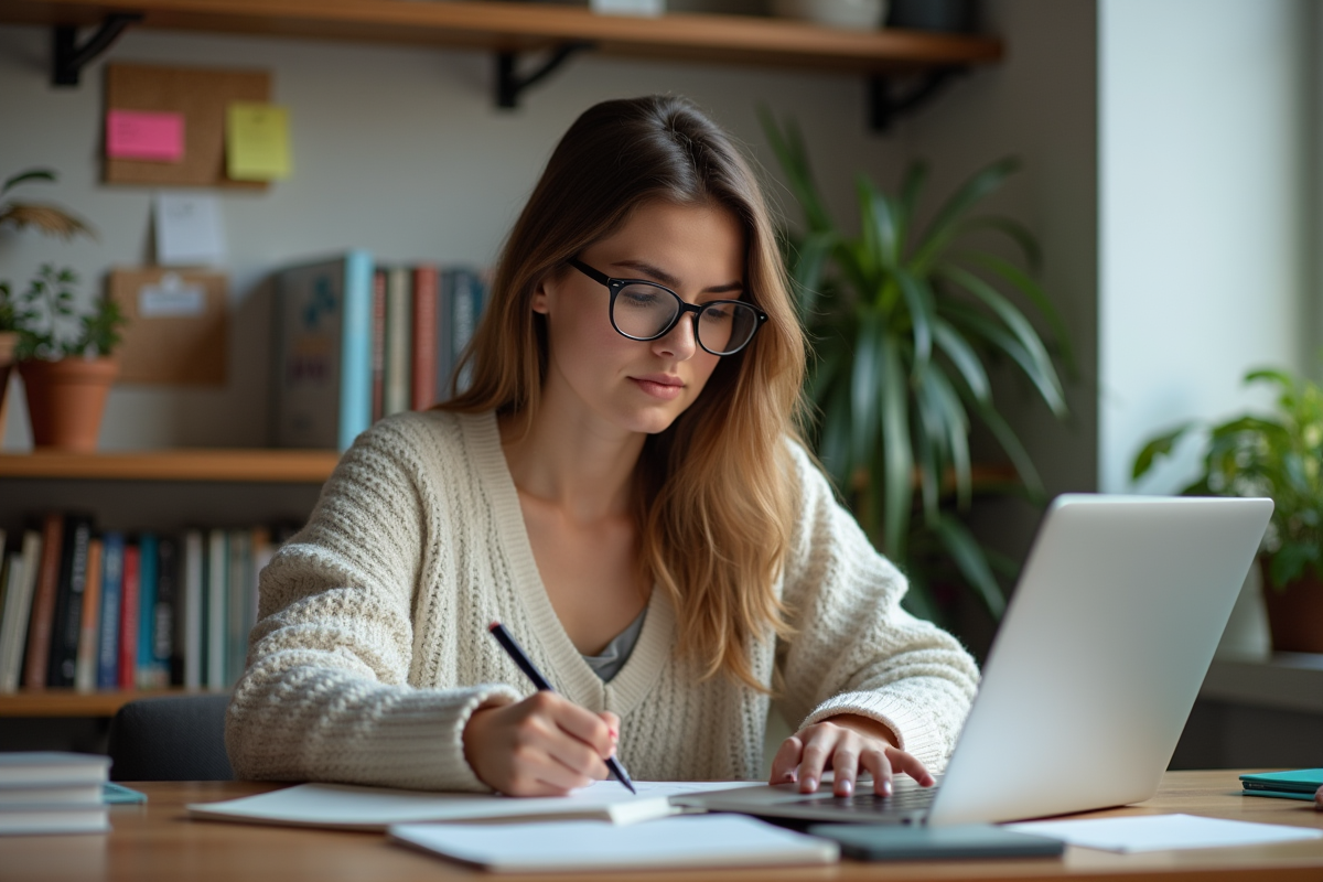Femme concentrée travaillant à son bureau dans un appartement moderne