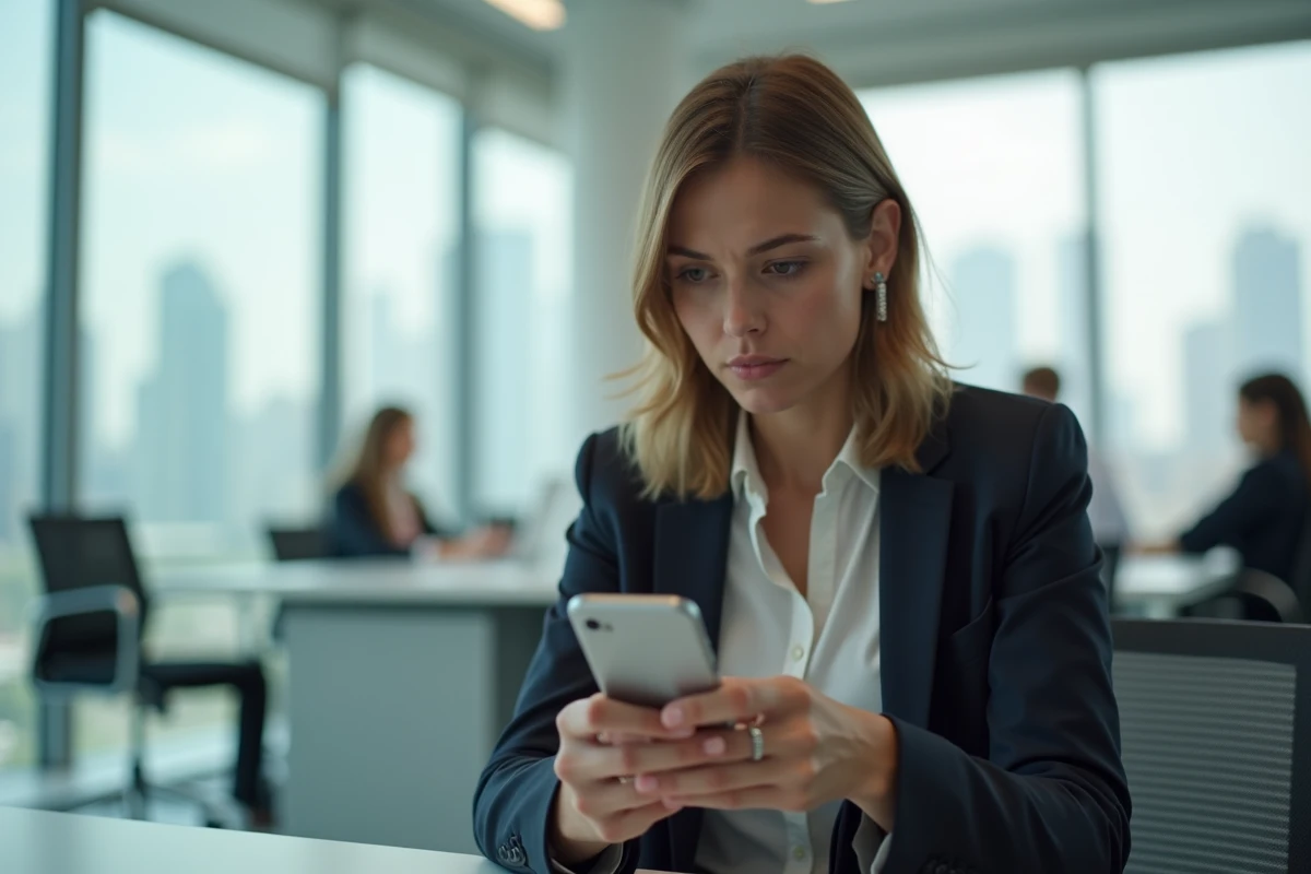 Femme d affaires vérifiant ses notes Monopoly sur smartphone au bureau