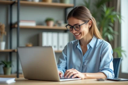 Femme souriante dans son bureau moderne pour l'article
