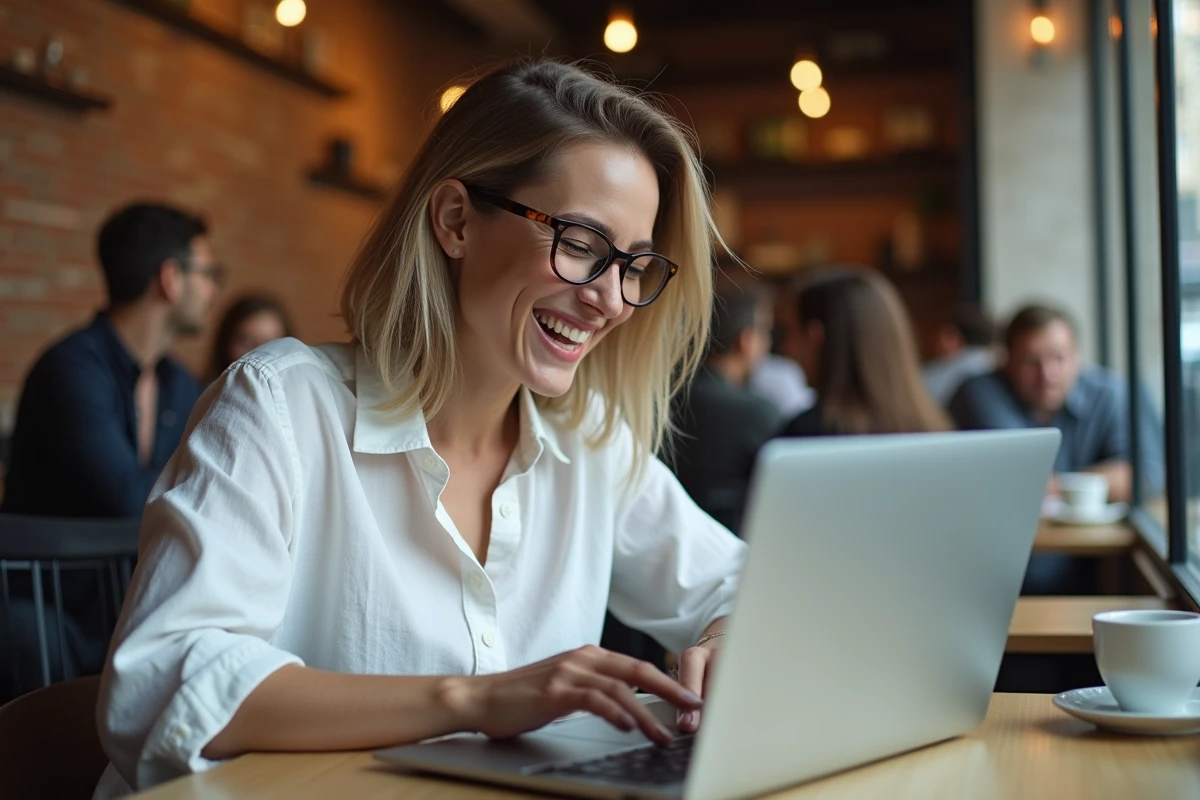 Femme dans un café regardant l'effet Do a Barrel Roll tourner sur son écran d'ordinateur portable