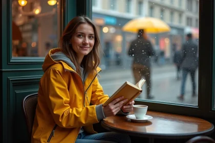 Jeune femme souriante dans un café de Lille sous la pluie
