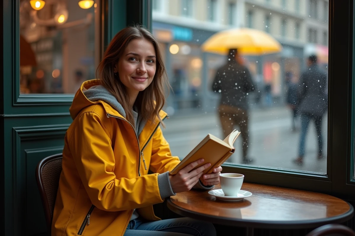 Jeune femme souriante dans un café de Lille sous la pluie