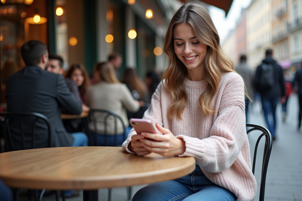 Jeune femme souriante utilisant son smartphone dans un café urbain
