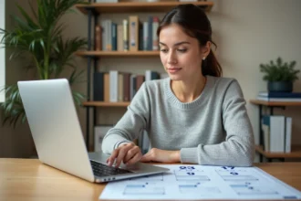 Femme consultant un calendrier avec numéros de semaines impaires 2026 à son bureau à domicile