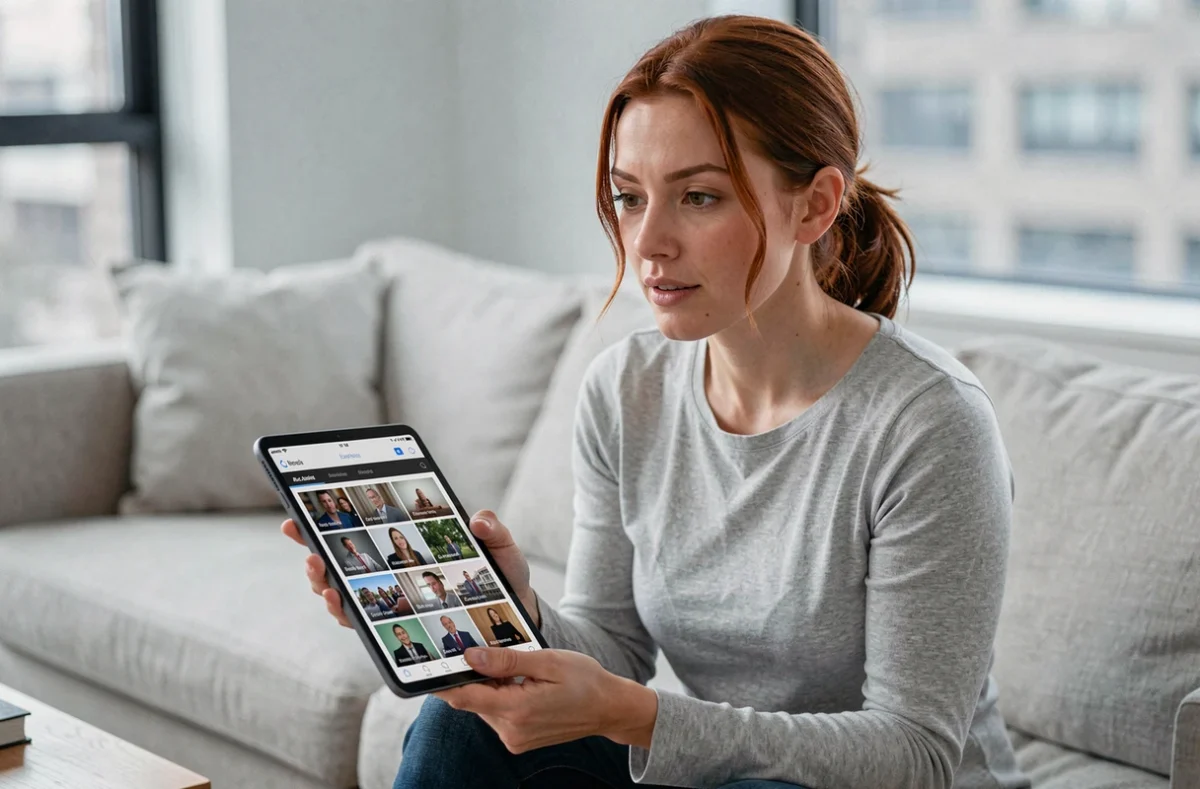 Femme consultant des captures d'écran vidéo sur une tablette dans un salon moderne