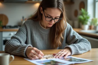Jeune femme arrangeant des lettres sur une photo dans la cuisine
