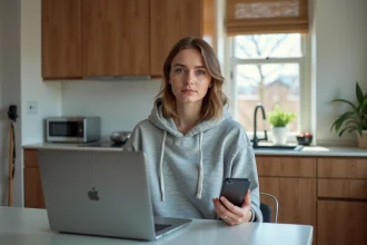 Femme décontractée travaillant à la maison avec ordinateur