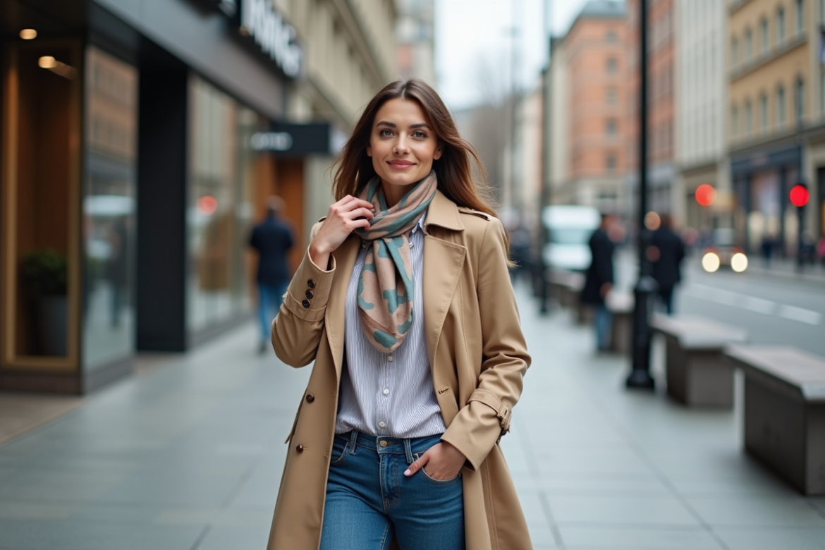 Femme élégante en trench beige dans une ville moderne