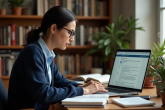 Femme comparant des encyclopédies collaboratives en ligne sur son ordinateur portable dans un bureau à domicile entouré de livres de référence