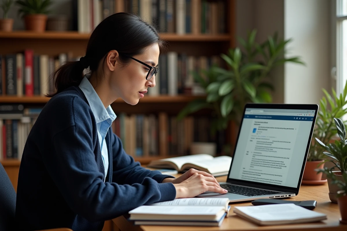 Femme comparant des encyclopédies collaboratives en ligne sur son ordinateur portable dans un bureau à domicile entouré de livres de référence