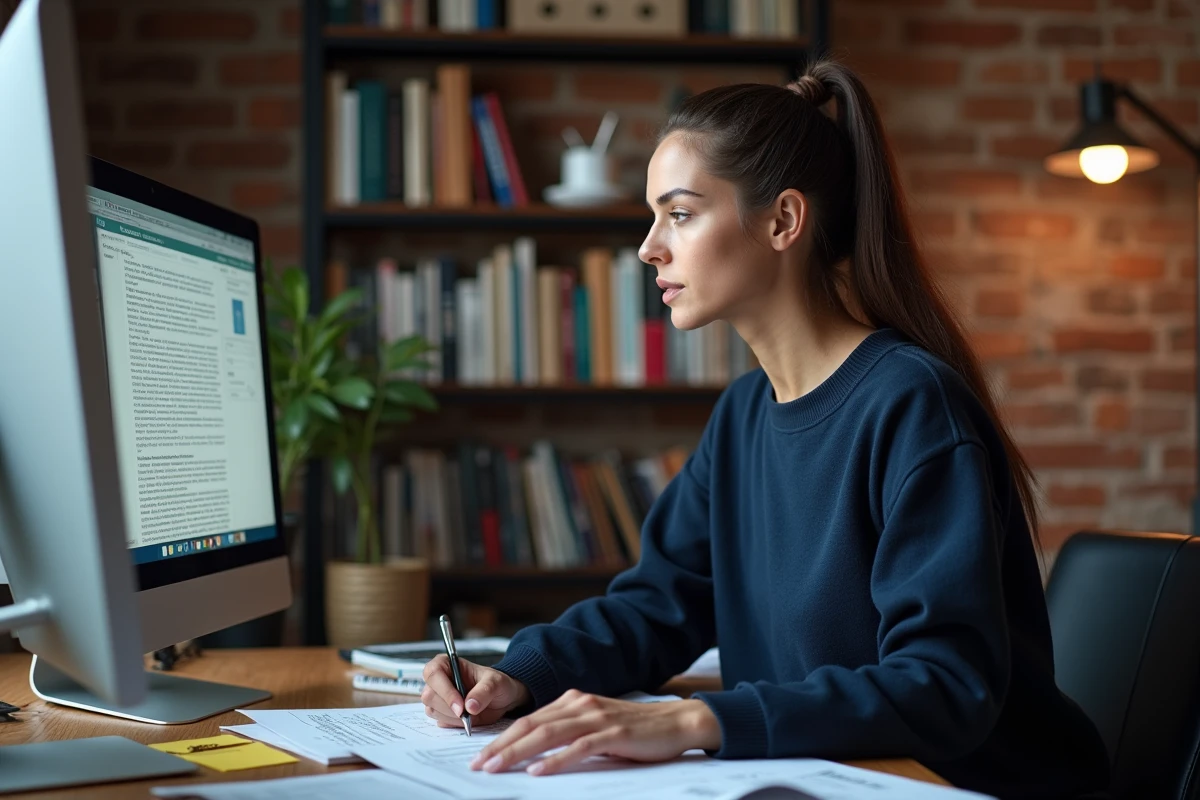 Femme comparant plusieurs sites de bases de données sur un écran d'ordinateur dans un bureau à domicile moderne