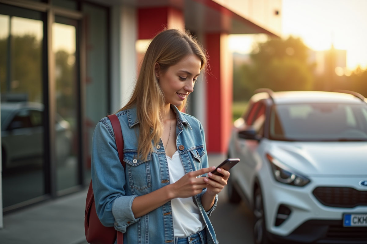 Jeune femme utilisant son smartphone devant un auto shop