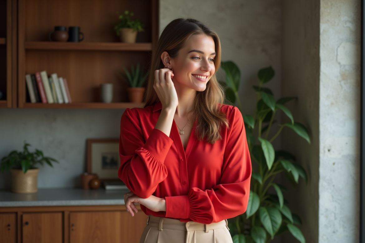 Femme confiante en blouse rouge et pantalon beige