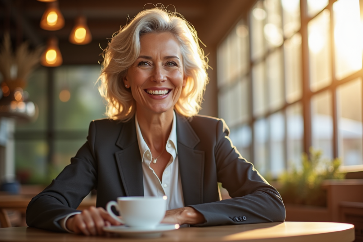 Femme confiante assise dans un café ensoleille avec sourire naturel