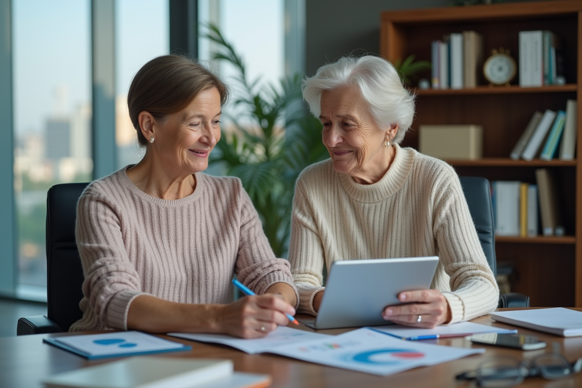 Femme retraitée discutant avec un conseiller bancaire dans un bureau