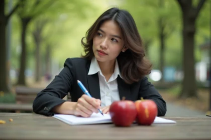 Jeune femme contemplative avec pommes dans un parc