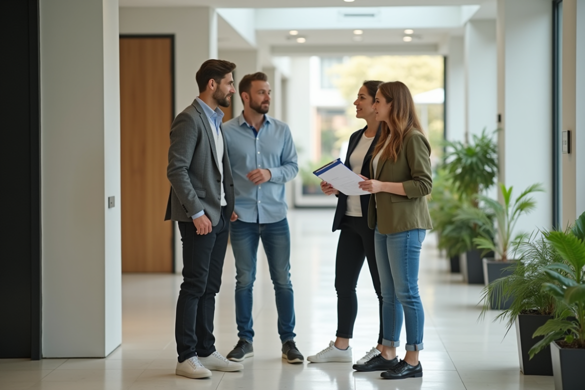 Femme en tenue pratique discutant avec un couple devant un immeuble