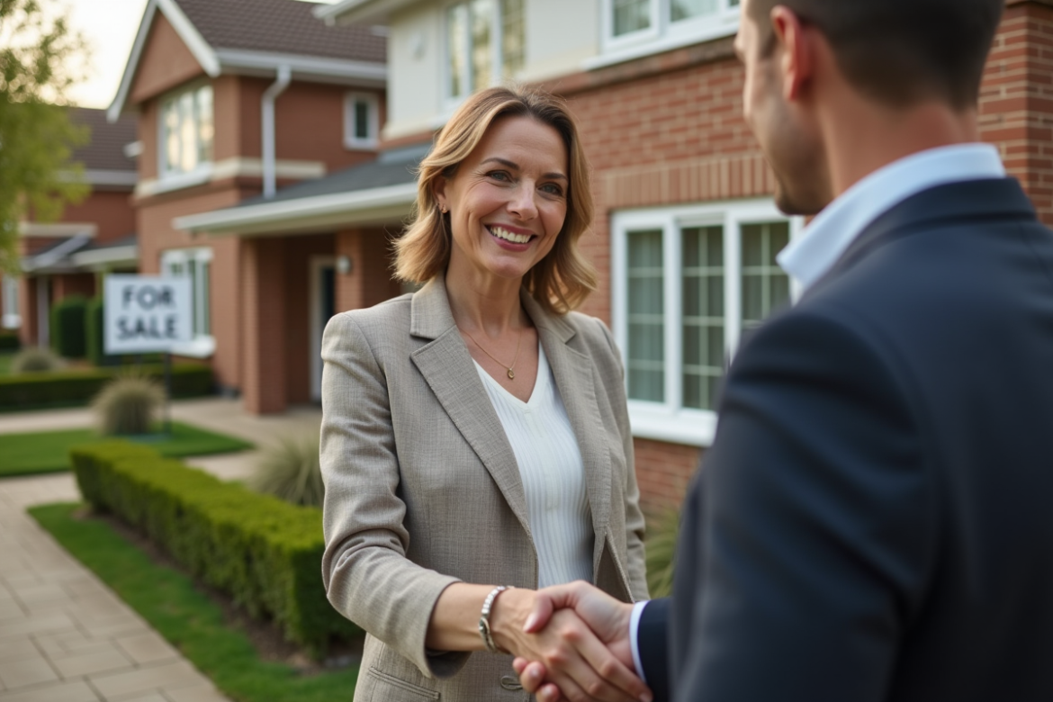 Femme confiante signant un contrat immobilier devant une maison
