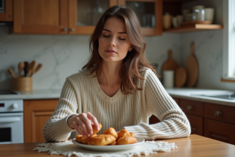 Femme pensant à la cuisine avec pâtisseries et snacks