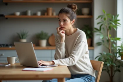 Femme assise à la cuisine avec ordinateur et expression sceptique