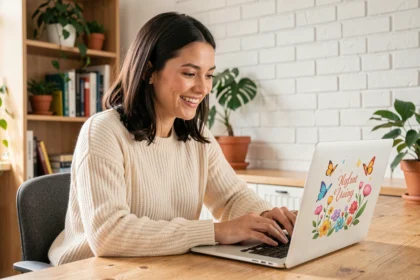 Femme souriante devant un écran d'ordinateur portable affichant une cybercarte animée colorée dans un bureau à domicile chaleureux