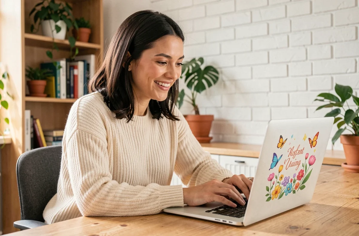 Femme souriante devant un écran d'ordinateur portable affichant une cybercarte animée colorée dans un bureau à domicile chaleureux