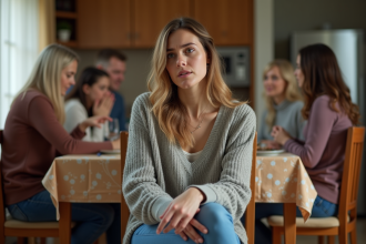 Femme assise à la table familiale avec expression tendue