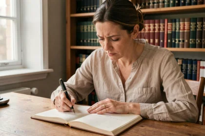 Femme concentrée écrivant dans un cahier avec un stylo plume, entourée de livres de grammaire française