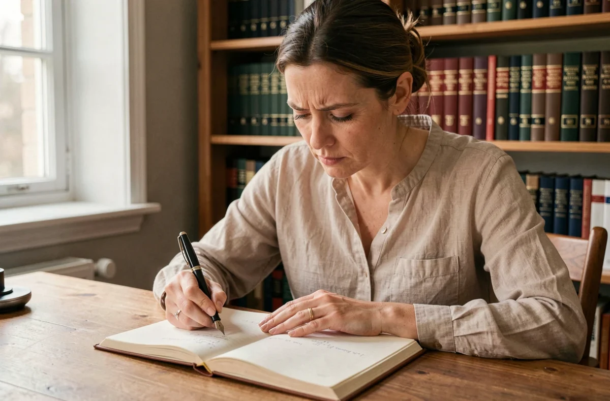 Femme concentrée écrivant dans un cahier avec un stylo plume, entourée de livres de grammaire française