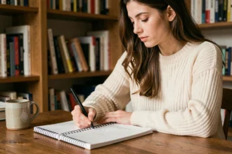 Jeune femme écrivant à la main dans un carnet, illustrant la recherche de mots qui riment en i pour enrichir ses textes