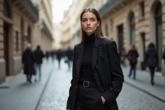 Jeune femme élégante en noir dans une rue urbaine européenne