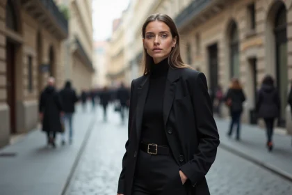 Jeune femme élégante en noir dans une rue urbaine européenne