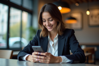 Femme d'affaires vérifiant des données financières sur smartphone