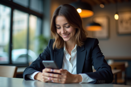 Femme d'affaires vérifiant des données financières sur smartphone